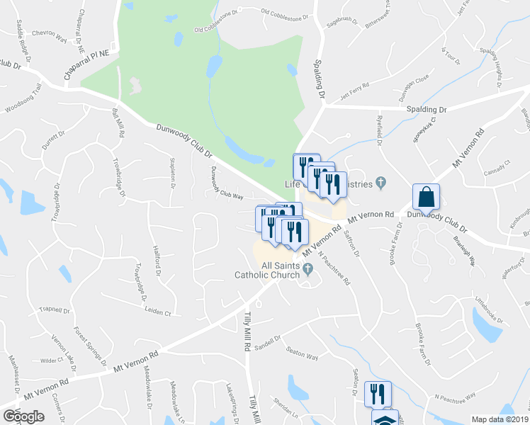 map of restaurants, bars, coffee shops, grocery stores, and more near 2033 Woodland Way in Dunwoody