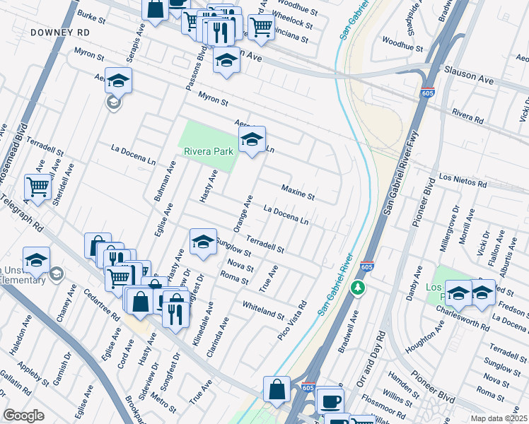 map of restaurants, bars, coffee shops, grocery stores, and more near 9730 La Docena Lane in Pico Rivera