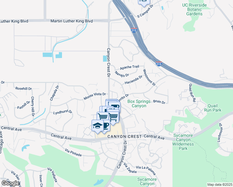 map of restaurants, bars, coffee shops, grocery stores, and more near 38 Crest Park Circle in Riverside