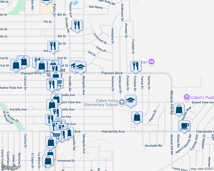map of restaurants, bars, coffee shops, grocery stores, and more near 66948 Buena Vista Avenue in Desert Hot Springs