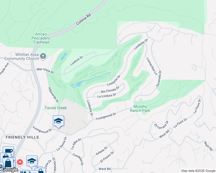 map of restaurants, bars, coffee shops, grocery stores, and more near 8948 Lindante Drive in Whittier