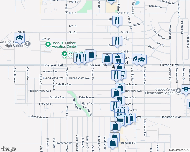 map of restaurants, bars, coffee shops, grocery stores, and more near 66270 Buena Vista Avenue in Desert Hot Springs
