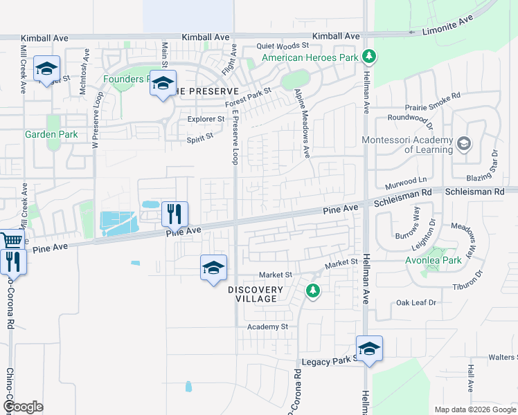 map of restaurants, bars, coffee shops, grocery stores, and more near 16188 Alamo Court in Chino