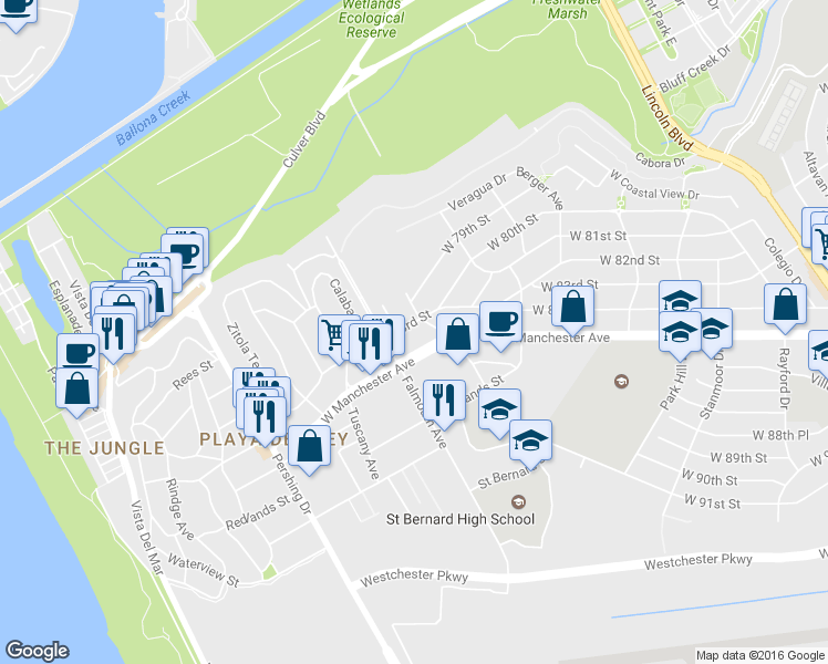 map of restaurants, bars, coffee shops, grocery stores, and more near 8020 West 83rd Street in Los Angeles