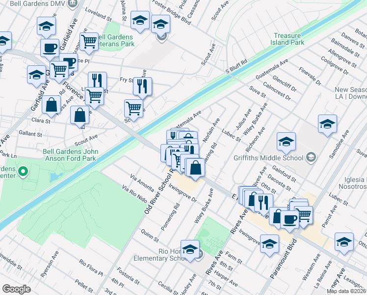 map of restaurants, bars, coffee shops, grocery stores, and more near 7356 Dinsdale Street in Downey