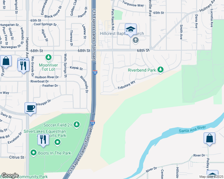 map of restaurants, bars, coffee shops, grocery stores, and more near 12084 Tributary Way in Jurupa Valley