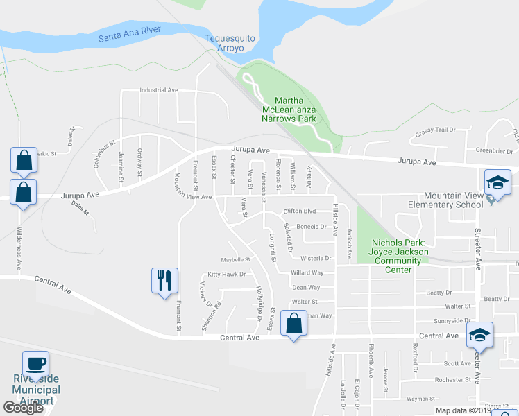 map of restaurants, bars, coffee shops, grocery stores, and more near 5905 Clifton Boulevard in Riverside