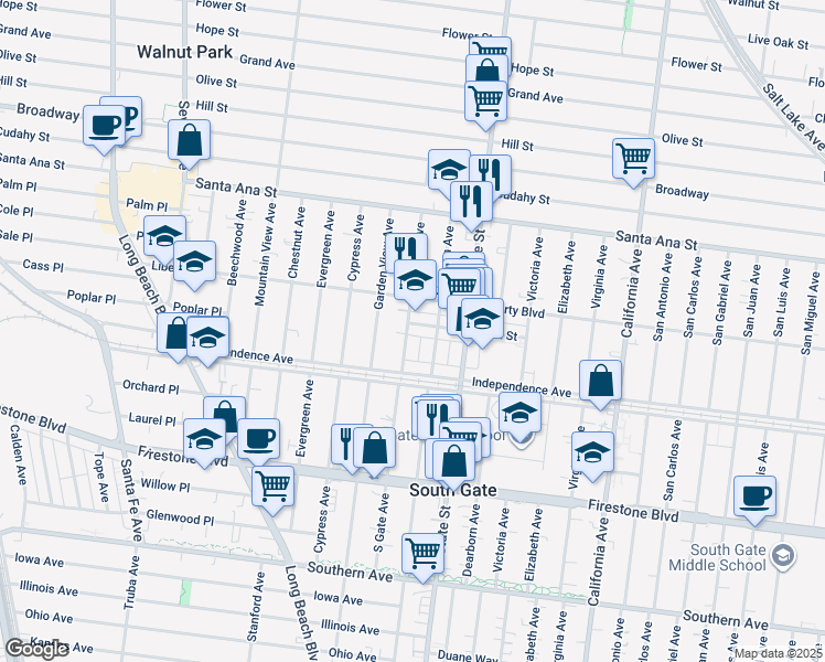 map of restaurants, bars, coffee shops, grocery stores, and more near 3150 Post St in South Gate