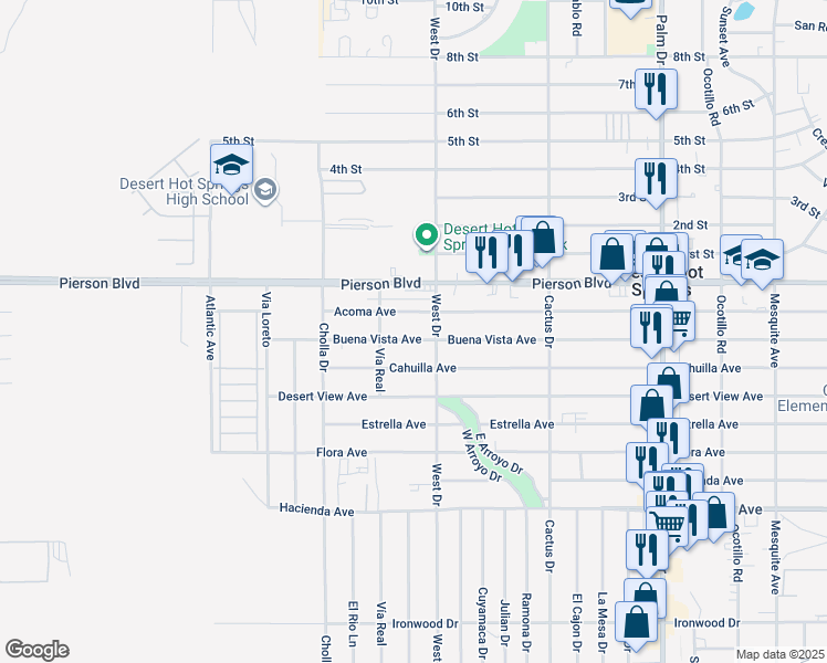 map of restaurants, bars, coffee shops, grocery stores, and more near 65940 Buena Vista Avenue in Desert Hot Springs