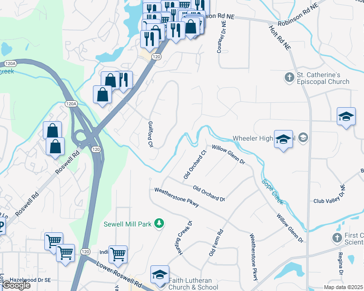 map of restaurants, bars, coffee shops, grocery stores, and more near 363 Weatherstone Lane in Marietta