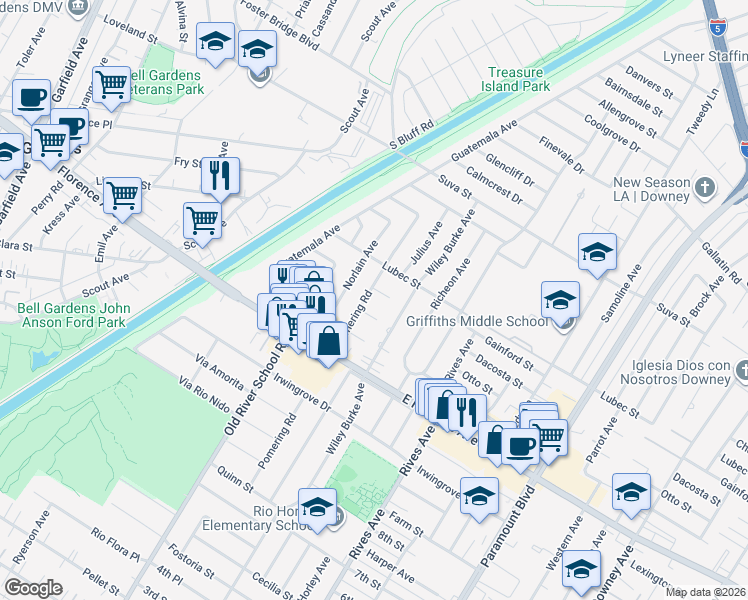 map of restaurants, bars, coffee shops, grocery stores, and more near 9836 Pomering Road in Downey