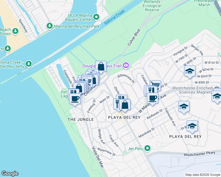 map of restaurants, bars, coffee shops, grocery stores, and more near 8128 Pershing Drive in Los Angeles
