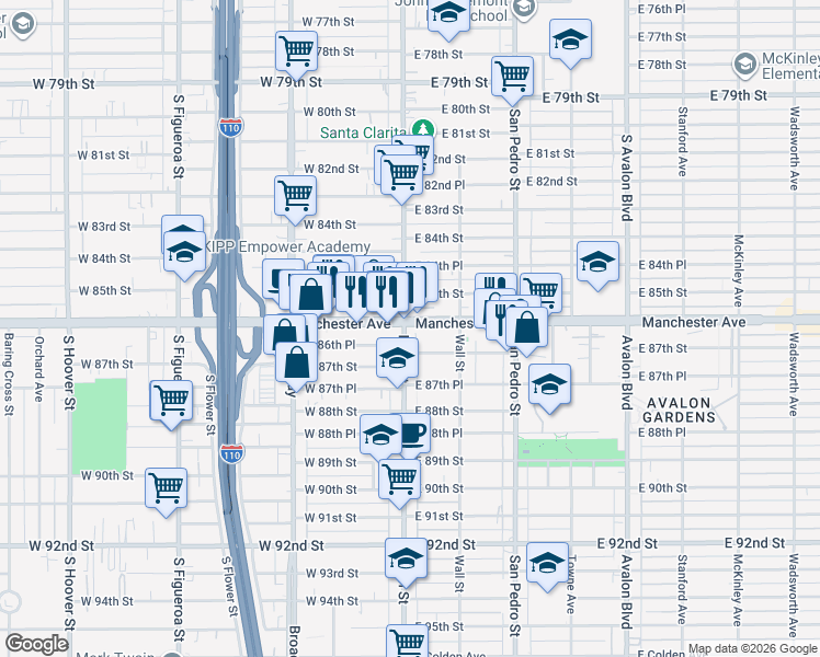map of restaurants, bars, coffee shops, grocery stores, and more near 100 East Manchester Avenue in Los Angeles