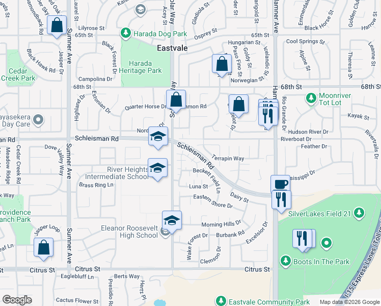 map of restaurants, bars, coffee shops, grocery stores, and more near 7026 Snowburst Court in Corona