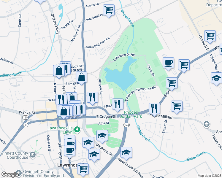 map of restaurants, bars, coffee shops, grocery stores, and more near 109 Cherry Street in Lawrenceville