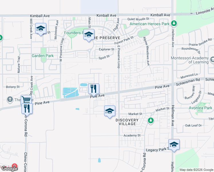map of restaurants, bars, coffee shops, grocery stores, and more near 16184 Spicebush Lane in Chino