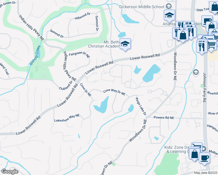 map of restaurants, bars, coffee shops, grocery stores, and more near 4325 Cove Way Drive Northeast in Marietta
