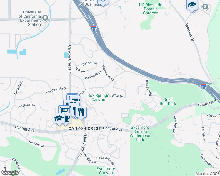 map of restaurants, bars, coffee shops, grocery stores, and more near 592 Athens Street in Riverside