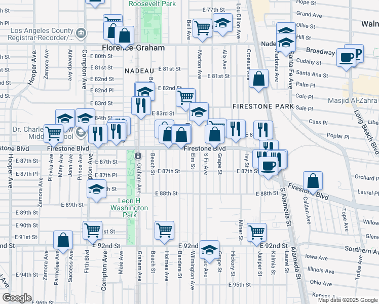 map of restaurants, bars, coffee shops, grocery stores, and more near 1876 Firestone Boulevard in Los Angeles
