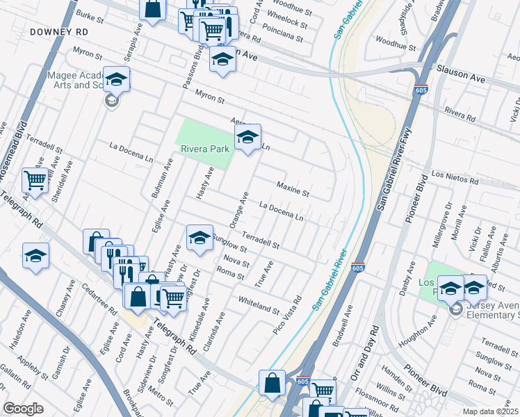 map of restaurants, bars, coffee shops, grocery stores, and more near 9730 La Docena Lane in Pico Rivera