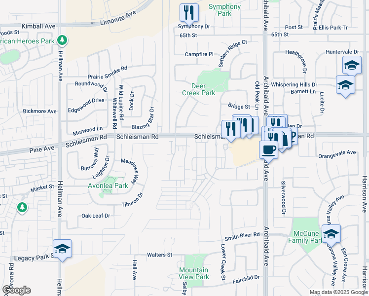 map of restaurants, bars, coffee shops, grocery stores, and more near 14509 Verona Place in Eastvale