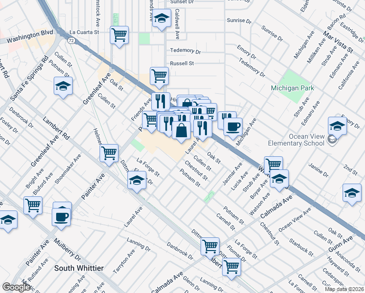 map of restaurants, bars, coffee shops, grocery stores, and more near 13550 Whittier Boulevard in Whittier
