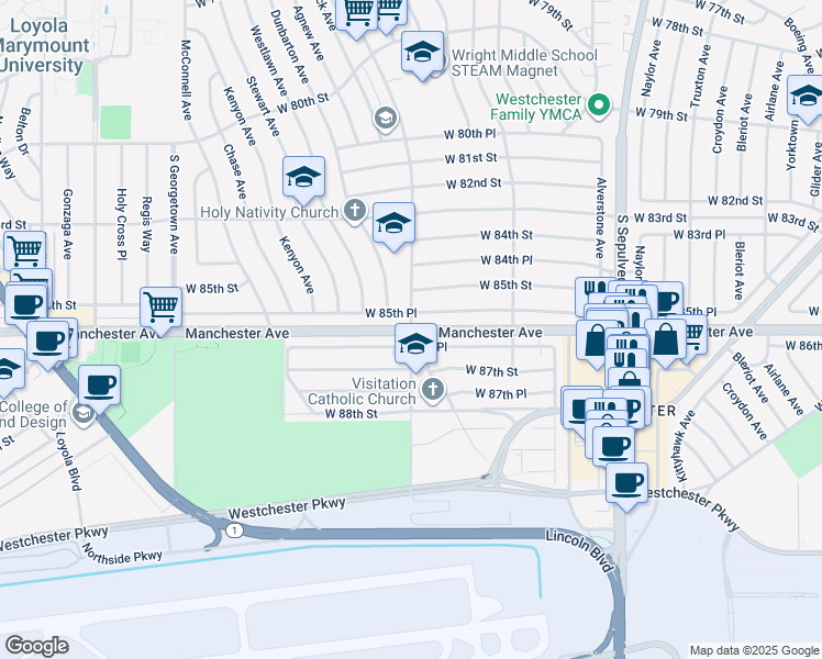 map of restaurants, bars, coffee shops, grocery stores, and more near West Manchester Avenue & Emerson Avenue in Los Angeles