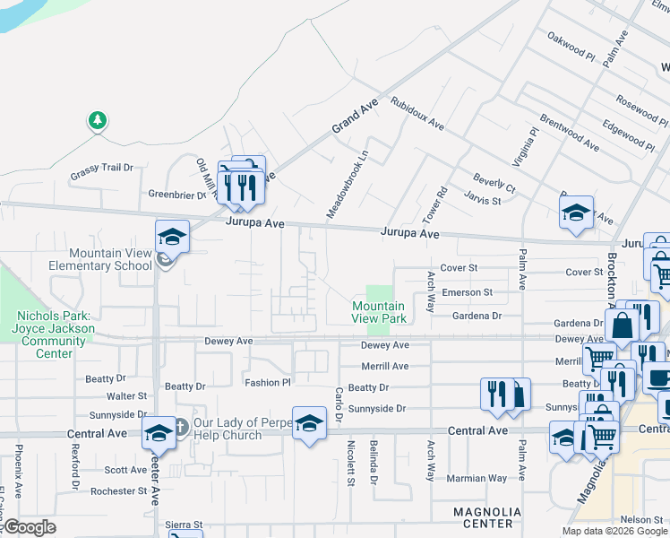 map of restaurants, bars, coffee shops, grocery stores, and more near 4850 Jurupa Avenue in Riverside