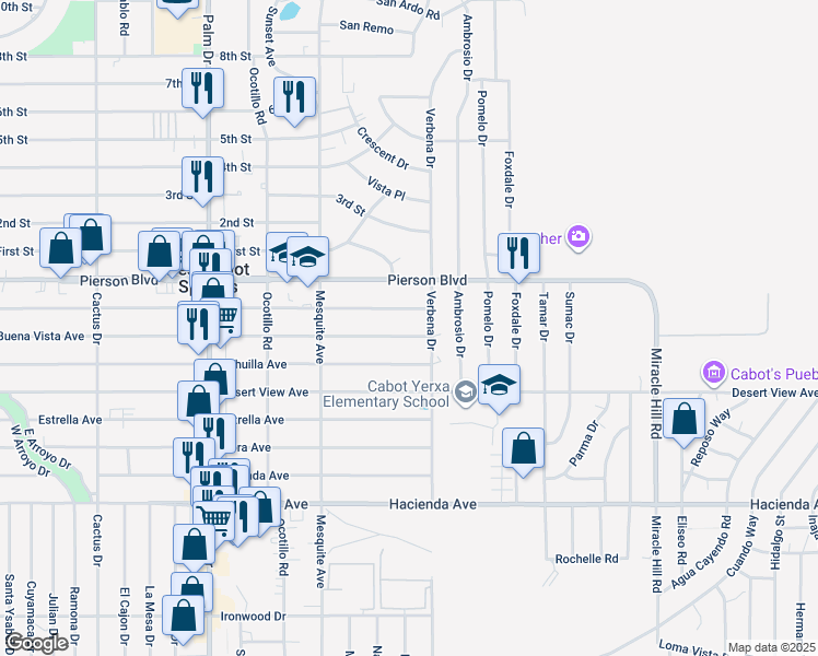 map of restaurants, bars, coffee shops, grocery stores, and more near 66948 Buena Vista Avenue in Desert Hot Springs