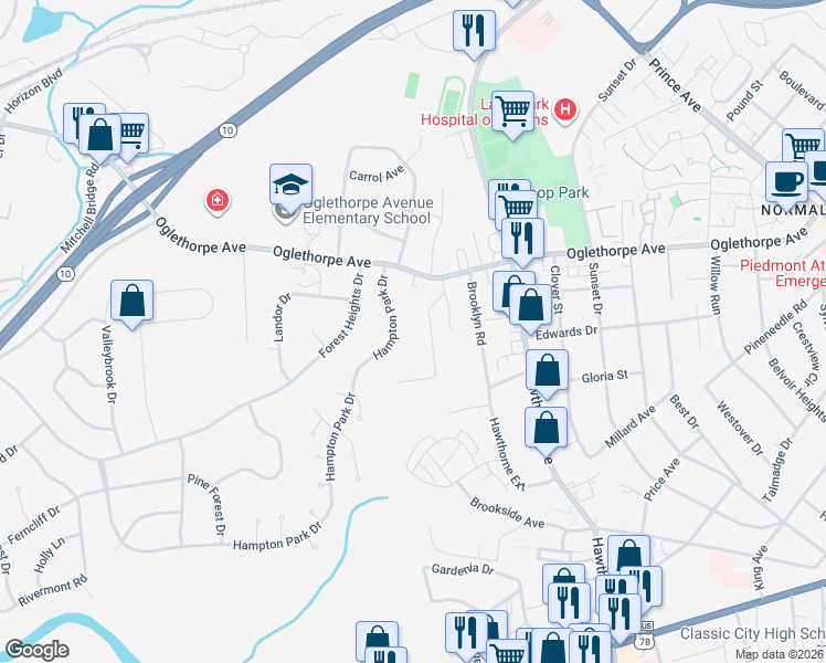 map of restaurants, bars, coffee shops, grocery stores, and more near 125 Hampton Park Drive in Athens