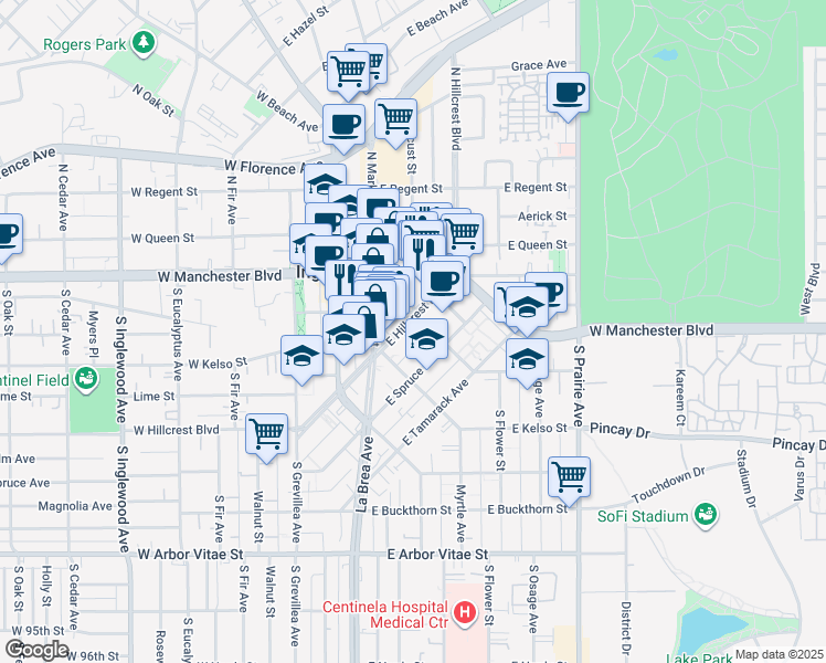map of restaurants, bars, coffee shops, grocery stores, and more near in Inglewood
