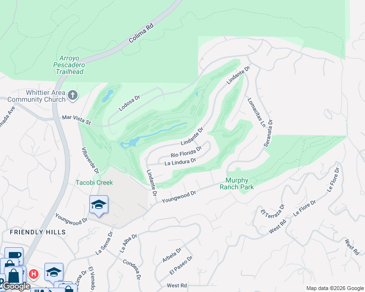 map of restaurants, bars, coffee shops, grocery stores, and more near 8930 Lindante Drive in Whittier