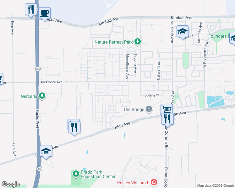 map of restaurants, bars, coffee shops, grocery stores, and more near 7554 Botany Street in Chino