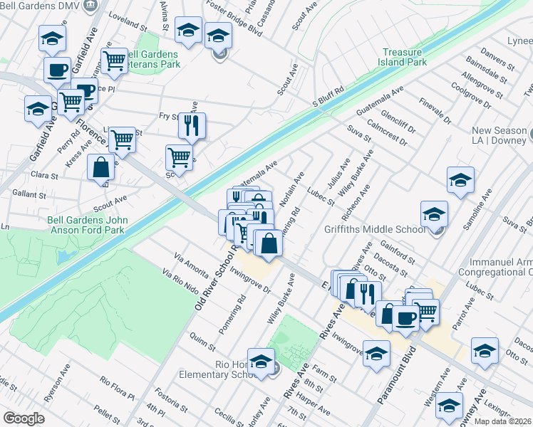 map of restaurants, bars, coffee shops, grocery stores, and more near 7415 Dinsdale Street in Downey