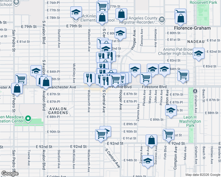 map of restaurants, bars, coffee shops, grocery stores, and more near 1122 Firestone Boulevard in Los Angeles