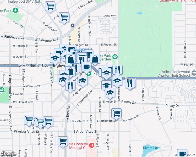 map of restaurants, bars, coffee shops, grocery stores, and more near 433 East Tamarack Avenue in Inglewood