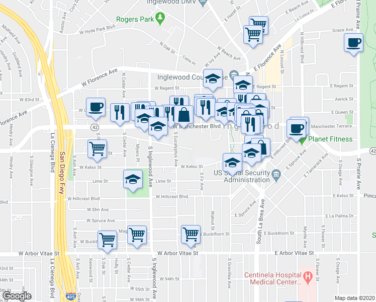 map of restaurants, bars, coffee shops, grocery stores, and more near 236 West Olive Street in Inglewood