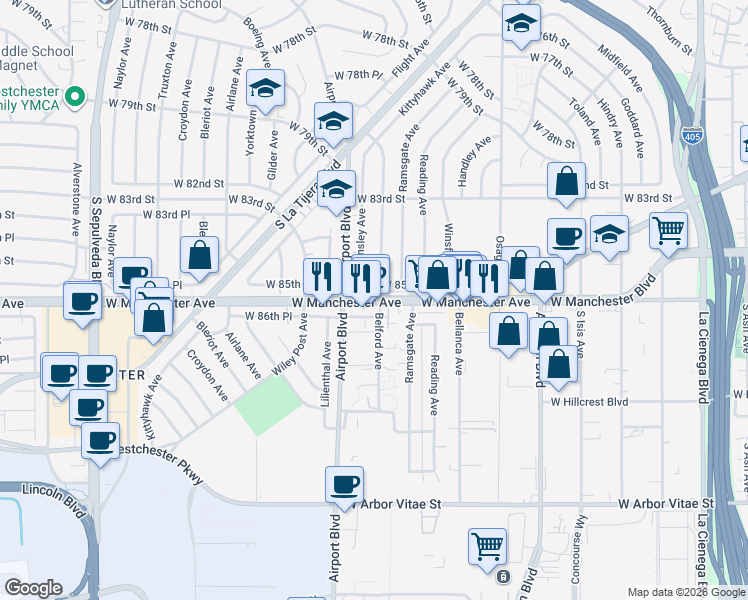 map of restaurants, bars, coffee shops, grocery stores, and more near 8536 Barnsley Avenue in Los Angeles