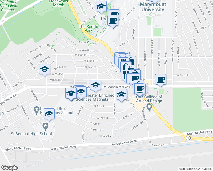 map of restaurants, bars, coffee shops, grocery stores, and more near 7325 West Manchester Avenue in Los Angeles