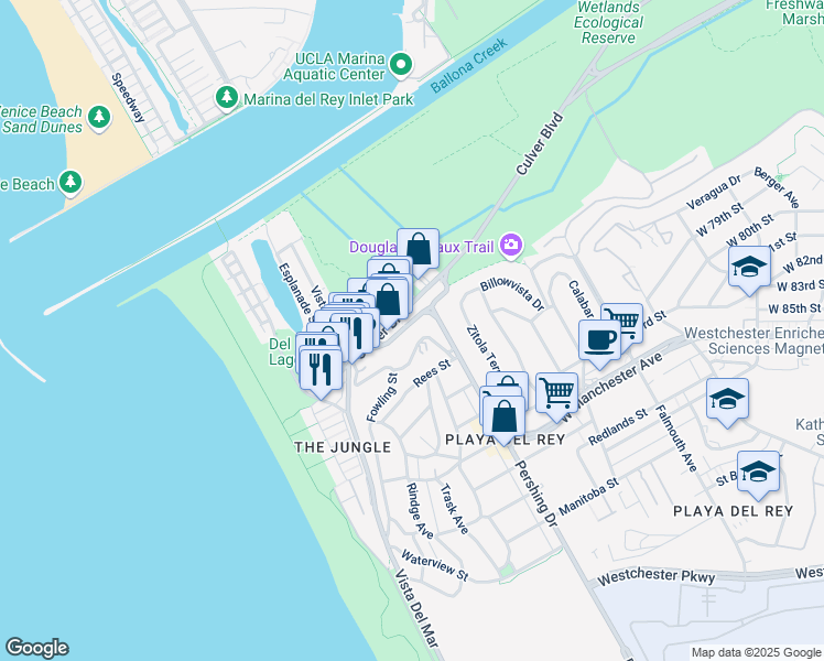 map of restaurants, bars, coffee shops, grocery stores, and more near 380 Pershing Drive in Los Angeles