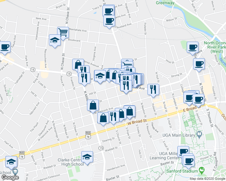 map of restaurants, bars, coffee shops, grocery stores, and more near 257 Hill Street in Athens