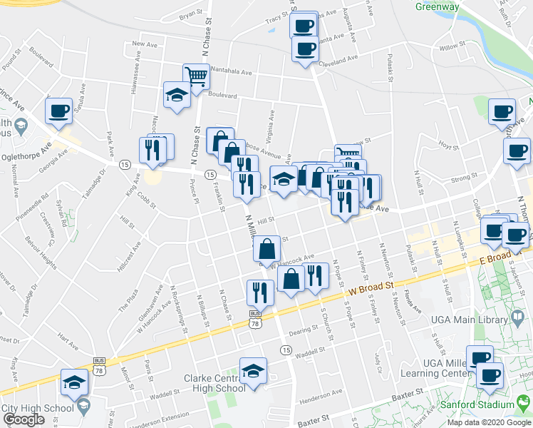 map of restaurants, bars, coffee shops, grocery stores, and more near 470 Hill Street in Athens