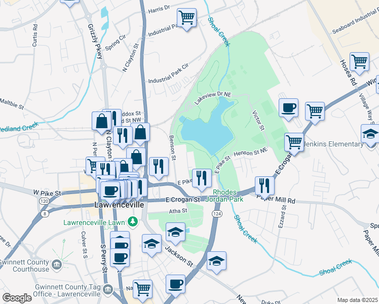 map of restaurants, bars, coffee shops, grocery stores, and more near 109 Cherry Street in Lawrenceville
