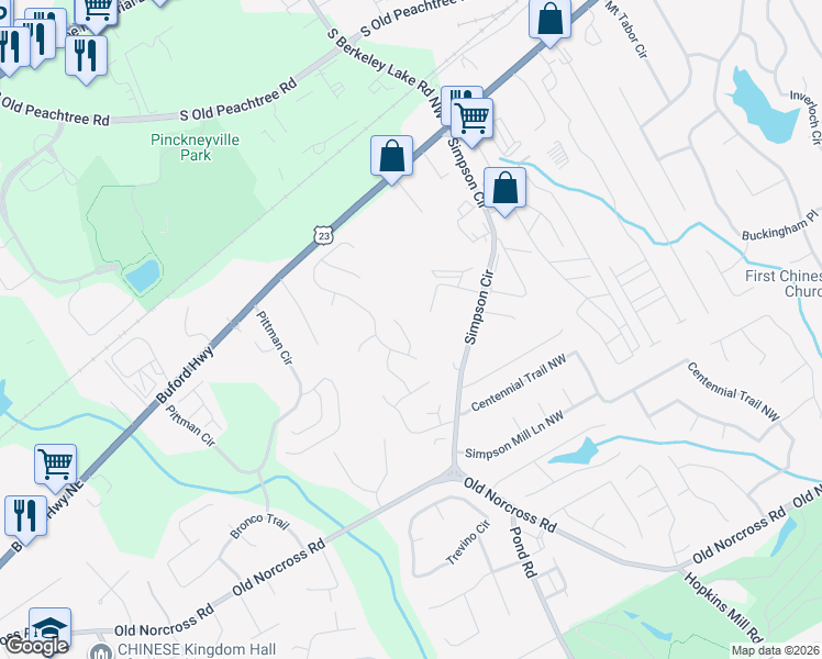 map of restaurants, bars, coffee shops, grocery stores, and more near 2865 Pinehigh Court Northwest in Duluth
