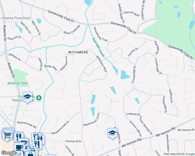 map of restaurants, bars, coffee shops, grocery stores, and more near 5421 Ralston Court in Dunwoody