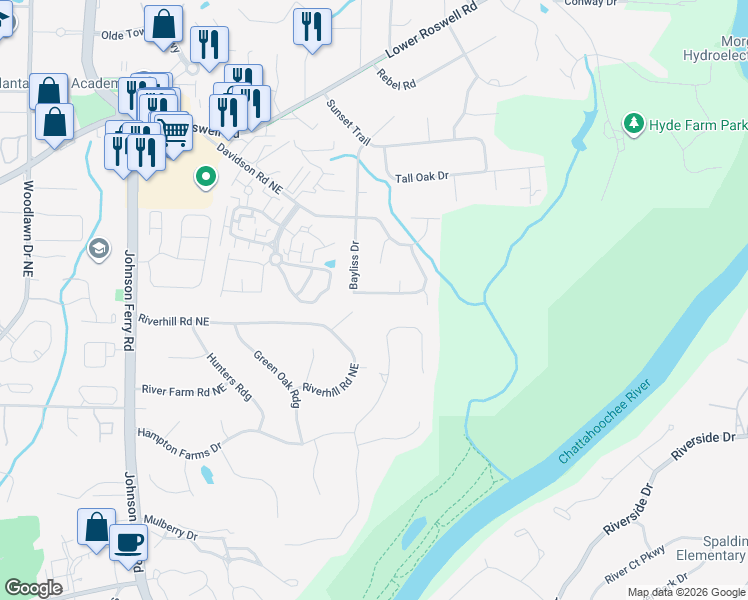 map of restaurants, bars, coffee shops, grocery stores, and more near 747 Bayliss Drive in Marietta