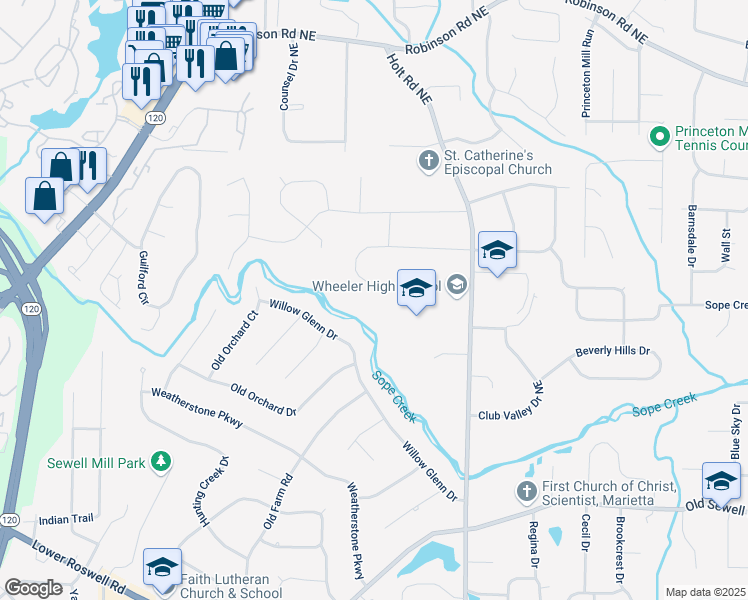 map of restaurants, bars, coffee shops, grocery stores, and more near 2350 Monterey Drive in Marietta