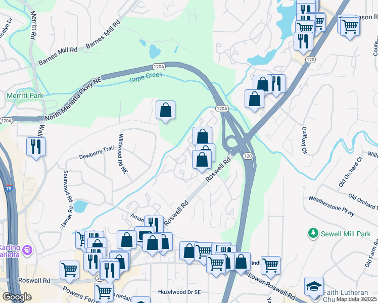 map of restaurants, bars, coffee shops, grocery stores, and more near 1803 Roswell Road in Marietta