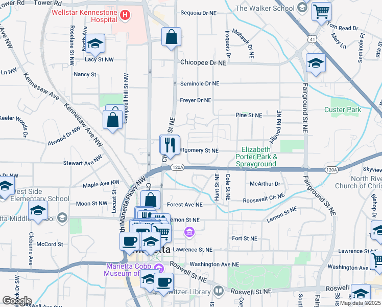 map of restaurants, bars, coffee shops, grocery stores, and more near 196 Montgomery Street Northeast in Marietta