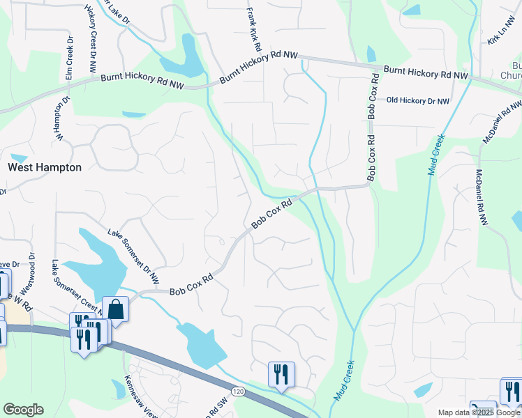 map of restaurants, bars, coffee shops, grocery stores, and more near 3024 Bob Cox Road in Marietta